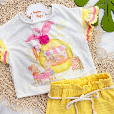  Conj. Blusa Ratinhas e Short - Areia e Amarelo